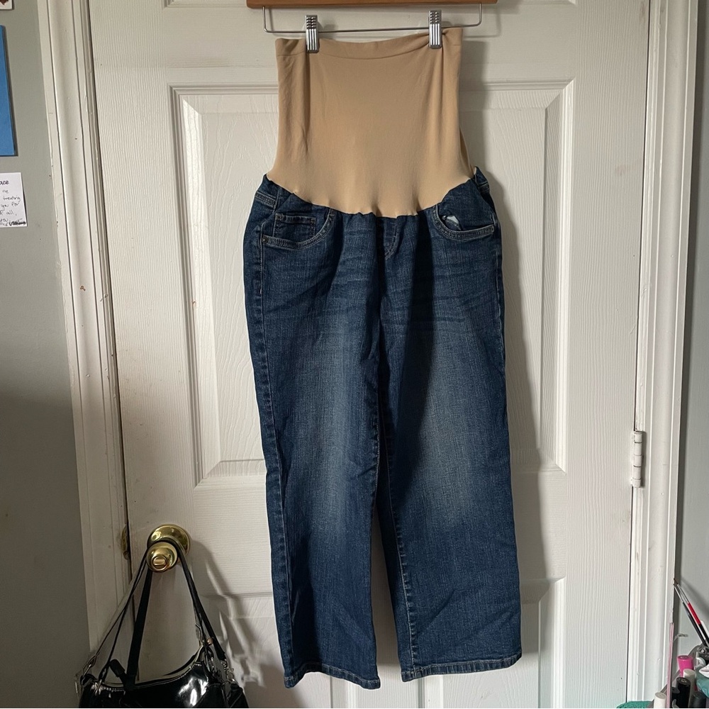 Maternity Jeans with Beige Stretch Panel - Dark Wash